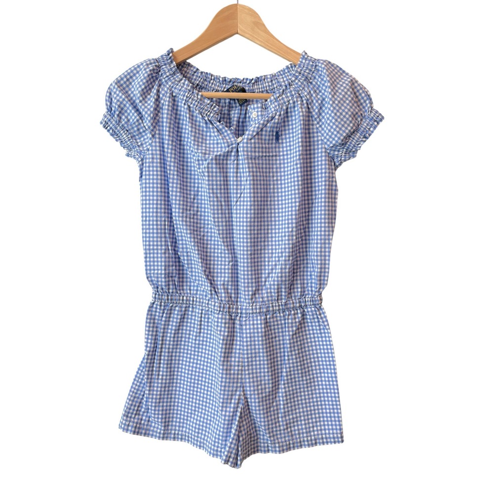 Polo Ralph Lauren Girls Blue White Gingham Romper Size 8 Cotton Puff Sleeve Pony